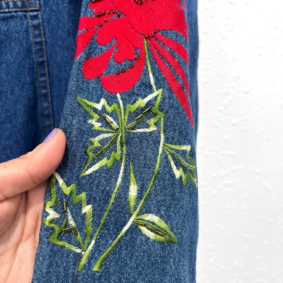 New Directions Blue Jean Jacket with Red Floral Embroidery small - Picture 6 of 7